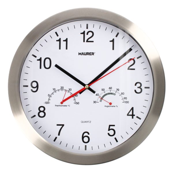 Reloj De Pared Ø 30 cm. Con Higrometro y Termometro. Frontal En Acero