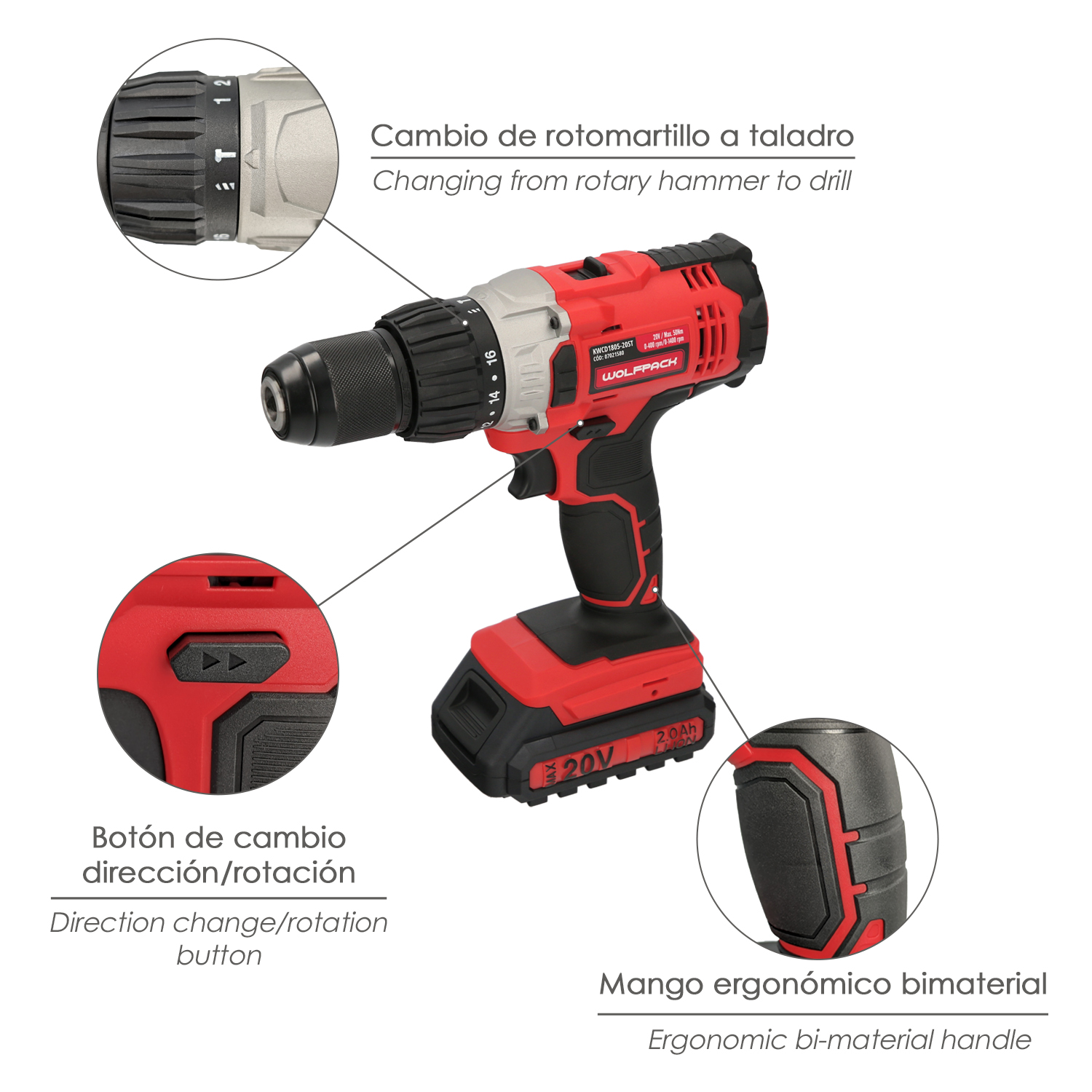 Taladro Atornillador 20 V. Con 2 Velocidades y Percutor. Bateria 2 Ah. Par Apriete 50 Nm. - Imagen 3