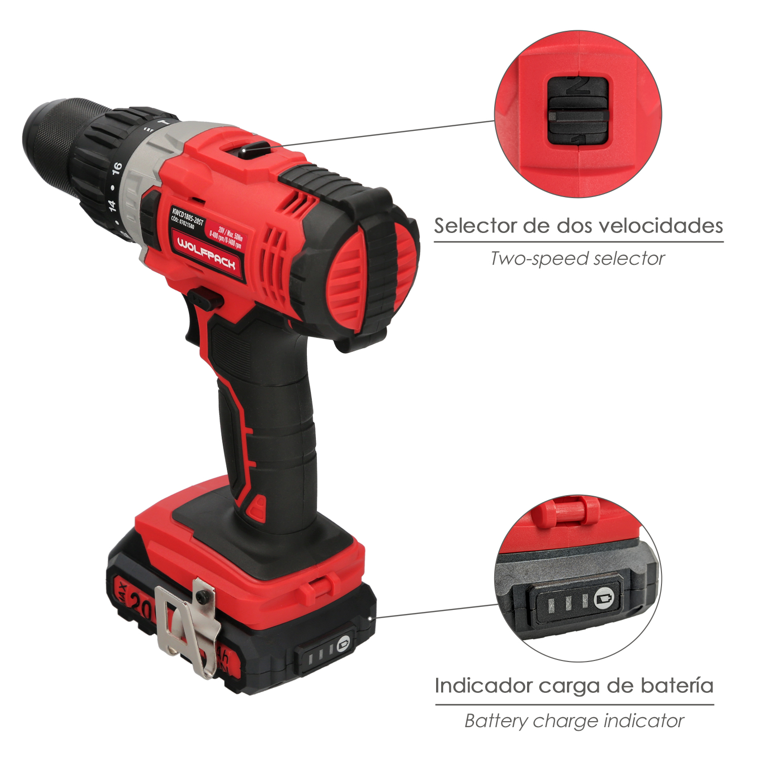 Taladro Atornillador 20 V. Con 2 Velocidades y Percutor. Bateria 2 Ah. Par Apriete 50 Nm. - Imagen 4